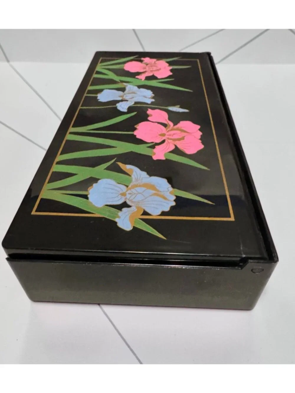 Vintage Black Faux Lacquer/Plastic Tri-Folding Mirror Jewelry or Trinket Box